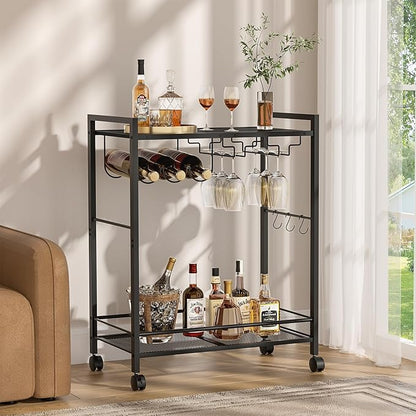 Joaxswe Bar Cart, Home Bar Serving Cart with 2-Tier Shelf,Rolling Beverage Cart with Wheels,Mobile Kitchen Shelf,Modern Black Wine Drink Cart with Wine Rack and Glass Holder for Kitchen,Dinning Room