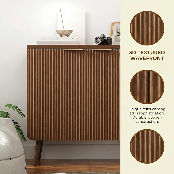 Natural Wood 29.5" Modern Fluted Sideboard – 2-Door Buffet Cabinet with Adjustable Shelves, Multi-Space Storage Credenza for Living Room, Dining Room & Entryway