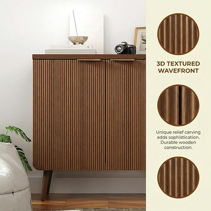 Natural Wood 29.5" Modern Fluted Sideboard – 2-Door Buffet Cabinet with Adjustable Shelves, Multi-Space Storage Credenza for Living Room, Dining Room & Entryway