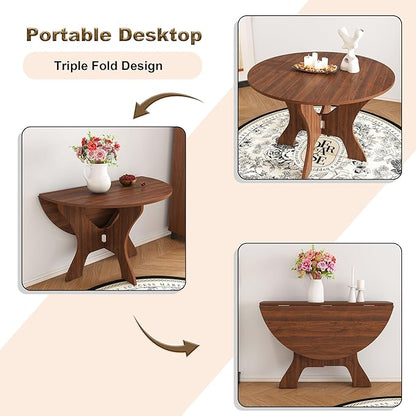 GDFStudio 43" Folding Dining Table for Small Spaces, Round Wood Kitchen Table with Walnut Veneer, Space-Saving Foldable Table for Indoor & Outdoor Use, French Country & Beach Style