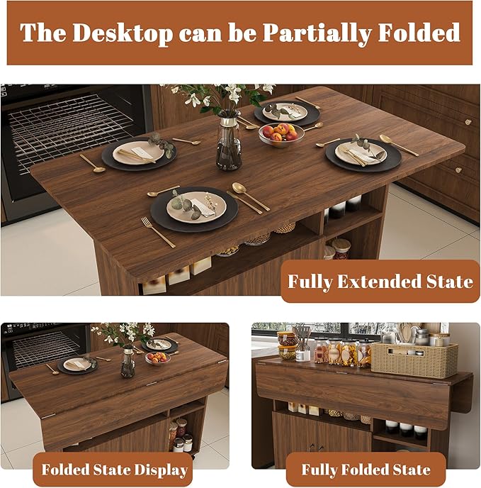 Multi-Functional Folding Dining Table Kitchen Island with Storage Shelves and Wheels, Space Saving Dining Tables Compact Desk for Dining Room, Kitchen, Dorm, Office (Walnut/)