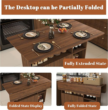 Multi-Functional Folding Dining Table Kitchen Island with Storage Shelves and Wheels, Space Saving Dining Tables Compact Desk for Dining Room, Kitchen, Dorm, Office (Walnut/)