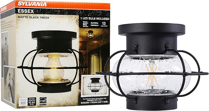 Sylvania Vintage Essex Cage Light Fixture, Semi-Flush Mount with 1 60W LED Dimmable Bulb Included, Dimmable (75515), Antique Black