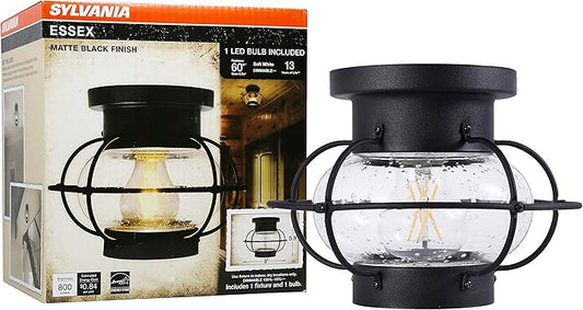 Sylvania Vintage Essex Cage Light Fixture, Semi-Flush Mount with 1 60W LED Dimmable Bulb Included, Dimmable (75515), Antique Black