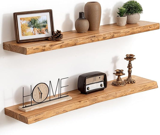 36 Inch Live Edge Floating Shelves, 8 Inch Deep Solid Elm Wood Wall Shelf, Heavy-Duty Wall Mounted Shelf with Invisible Brackets for Living Room, Bathroom, Kitchen, Set of 2, Natural Color