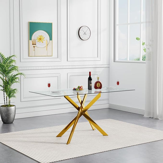 Gold Glass Dining Table for 4 Modern 51.2" Rectangular Kitchen Dining Room Table for 4 with X-Shape Metal Base Large Clear Glass Top Dining Tables for Home Kitchen