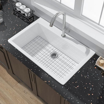 Miuara White Kitchen Sink Drop In 33 Inch 1 Hole - Topmount Fireclay Sink Drop In 33x22, Heavy Duty Large Deep Single Bowl, with 2 Custom Accessories, Glossy White, for Kitchen
