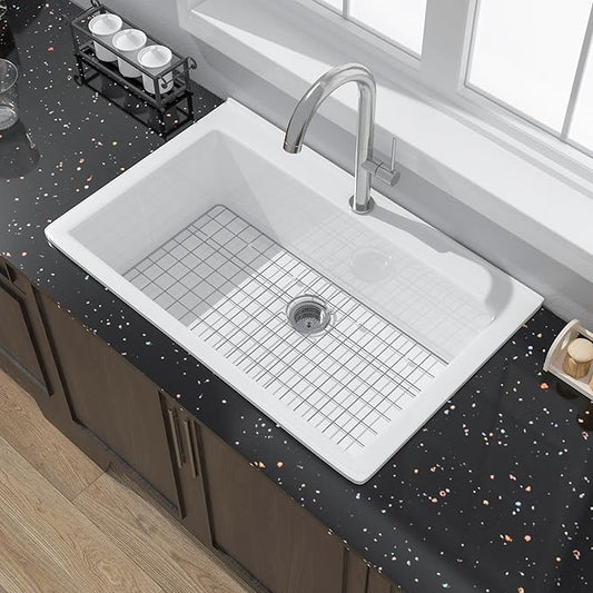 Miuara White Kitchen Sink Drop In 33 Inch 1 Hole - Topmount Fireclay Sink Drop In 33x22, Heavy Duty Large Deep Single Bowl, with 2 Custom Accessories, Glossy White, for Kitchen