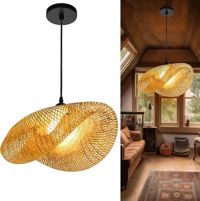 GCQ Bamboo Lantern Pendant Lamp, Retro Japanese Style E27 Chandelier Hanging Light Ceiling Lighting Fixture for Living Room Bedroom Restaurant Cafe Teahouse Bar Dining Room Club