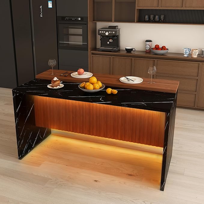 63" Modern Kitchen Island with Marble-Look Surface, LED Lights & Grille Design for Dining Room or Living Room, Black (Island Only)