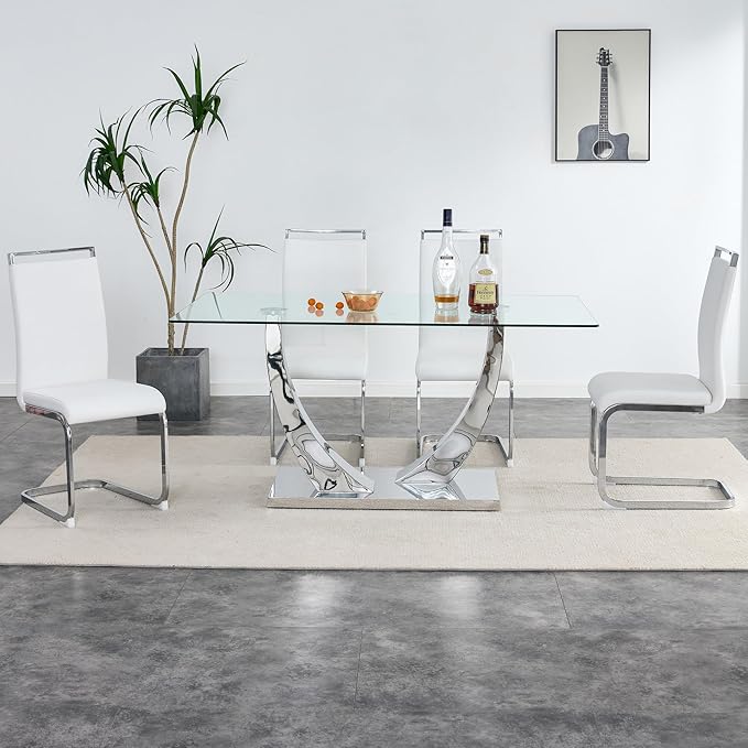 Modern Silver Dining Table, 63" Dining Room Table for 4-6 with Heavy Duty Tempered Glass Top, Rectangular Glass Kitchen Table with Sturdy U Shaped Base for Kitchen Dining Room