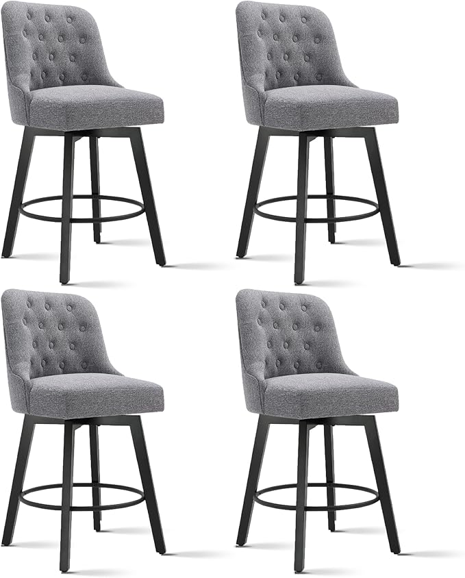 KISLOT Swivel Counter Height Bar Stools Set of 4, 26" Upholstered Fabric Barstools with Back, Thick Seat and Square Solid Wood Legs for Kitchen Island Home Bar, Grey