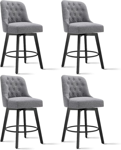 KISLOT Swivel Counter Height Bar Stools Set of 4, 26" Upholstered Fabric Barstools with Back, Thick Seat and Square Solid Wood Legs for Kitchen Island Home Bar, Grey