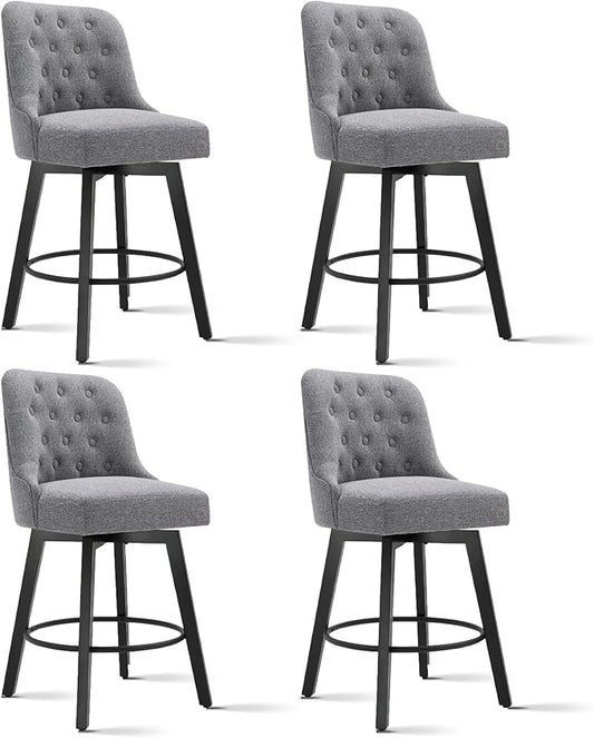 KISLOT Swivel Counter Height Bar Stools Set of 4, 26" Upholstered Fabric Barstools with Back, Thick Seat and Square Solid Wood Legs for Kitchen Island Home Bar, Grey