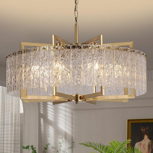 Crystal Gold Chandelier Lighting Fixture, 8 Lights Luxury Crystal Glass Pendant with Adjustable Chain,Ceiling Mounted for Dining Room Kitchen Living Room Foyer- 30in (Sloped/Hight Ceiling)