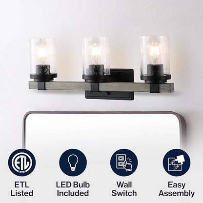 JONATHAN Y 22.75" Black/Gray Oak Wood Finish LED Vanity Light, Rustic Farmhouse Sconce, Clear Seeded Glass Shade, Industrial Wall Lamp for Bathroom Mirror, Kitchen Sink, LED Bulb (JYL7509B)