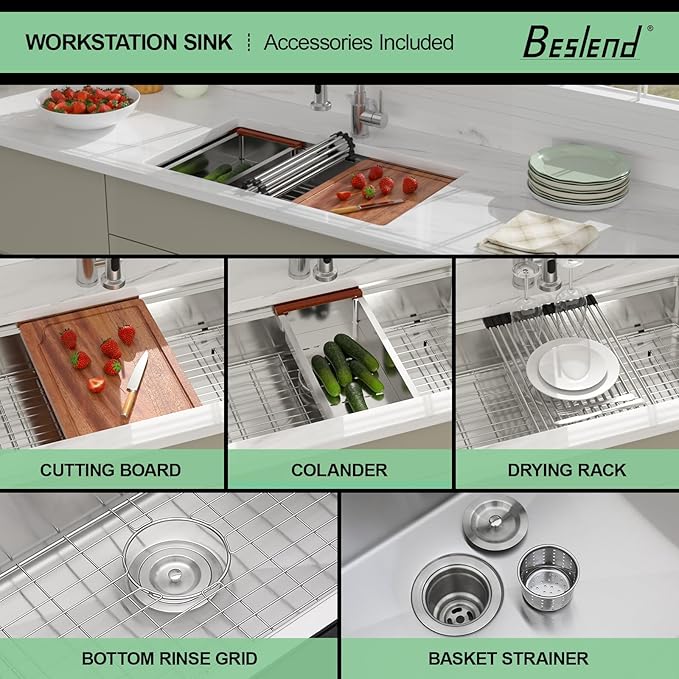 30 Inch Undermount Kitchen Sink - Beslend ADA 6 Inch Depth 30x18 Undermount Worksation Sinks Under Counter Stainless Steel 16 Gauge Mobility Friendly Sink for Wheelchair Accessible Kitchen