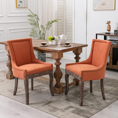 Set of 2 Side Dining Chair, Thickened Fabric Chairs with Neutral Toned Solid Wood Legs, Bronze Nail Head Accent, Sturdy and Durable, for Living Room Dining Room, Elegant and Stylish Furniture, Orange