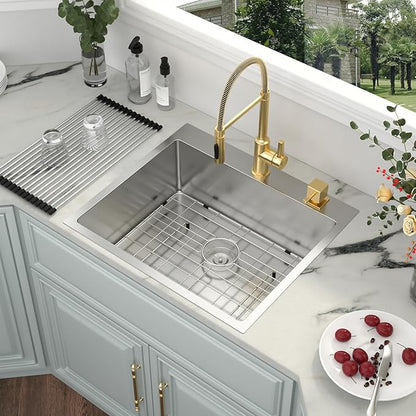 Kichae 25 Inch Drop In Kitchen Sink - 25x22 Drop Sink Stainless Steel 16 Gauge Single Bowl Topmount Deep Basin Drop Kitchen Sinks Round Corner Handmade Sink