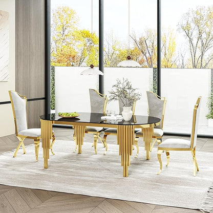 Luxury Modern 70" Oval Black Dining Table with Tempered Glass Top and Gold Stainless Steel Base – Elegant Dining Room Furniture