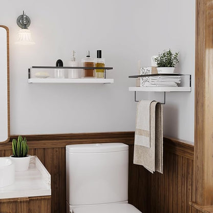 White Wood Floating Shelves Wall Mounted - 2+1 Tier Rustic Bathroom Wall Shelves Over Toilet with Towel Bar, Natural Wood Set of 2 Farmhouse Floating Shelf for Bathroom, Kitchen, Bedroom.