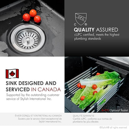 Stylish 28 x 18 Inch Composite Granite Workstation Kitchen Sink, Single Bowl Under Mount & Drop in, 9.5 in Deep, with Bamboo Cutting Board, Roll-Up Drying Rack, Colander & Strainer, Black, S-828WN