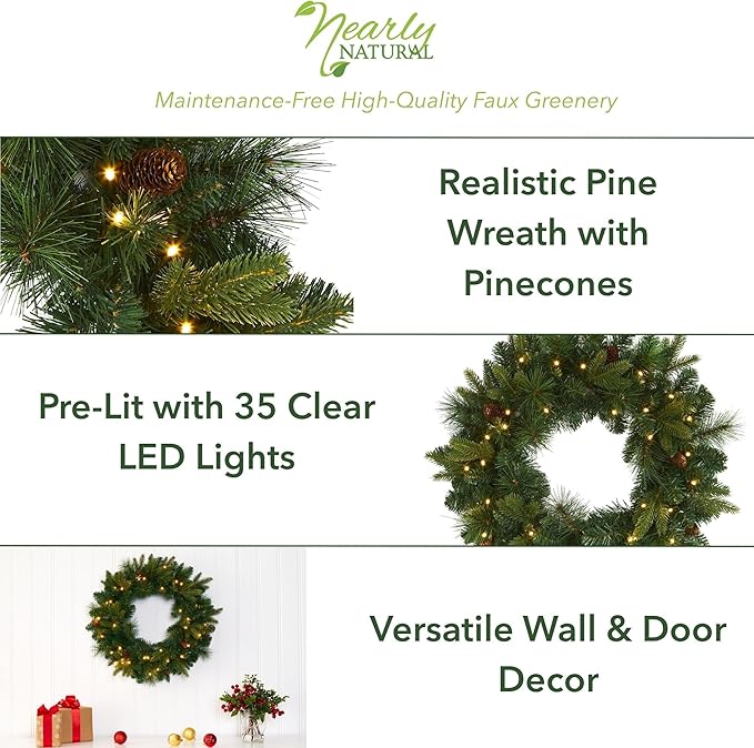 Nearly Natural 24in. Mixed Pine Artificial Christmas Wreath with 35 Clear LED Lights and Pinecones