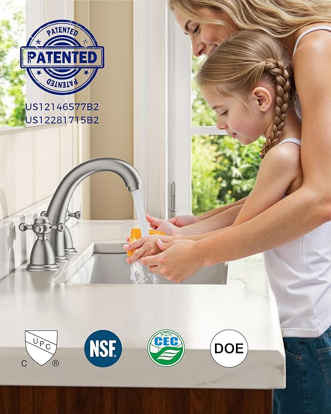 FORIOUS Faucet for Bathroom Sink 3 Hole, Brushed Nickel Bathroom Faucet Widespread with Pop Up Drain and Water Hose Supply, 2 Cross Handle Design, for Vanity RV Farmhouse Sink