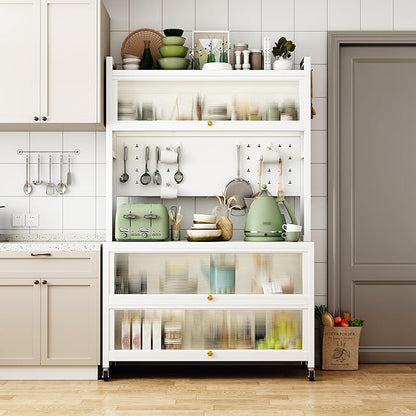 Runboll 65" Bar Cabinet Kitchen Pantry Cabinet Storage with Microwave Shelf 5 Tier Metal Sideboard Baker's Rack Coffee Bar Hutch Buffet Laundry Storage, with Wheels & Hooks