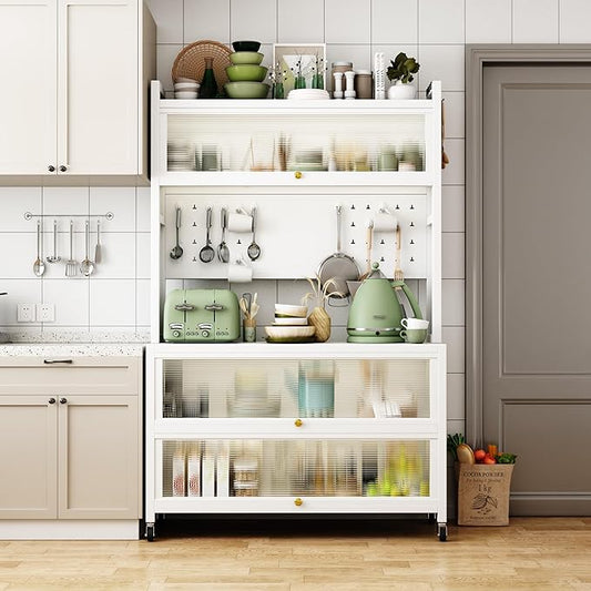 Runboll 65" Bar Cabinet Kitchen Pantry Cabinet Storage with Microwave Shelf 5 Tier Metal Sideboard Baker's Rack Coffee Bar Hutch Buffet Laundry Storage, with Wheels & Hooks