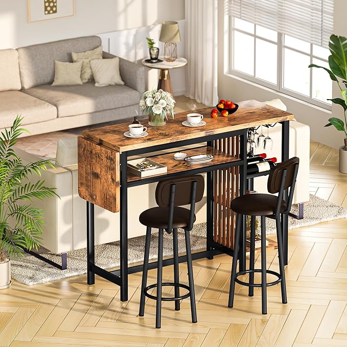 Recaceik 59" Bar Dining Table Set for 2, Bar Table and Chairs Set, Expandable Counter Height Dining Table Set, Small Kitchen Bar Table with Wine Racks & Storage, Breakfast Nook Set for Small Space