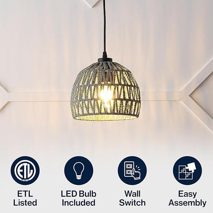 JONATHAN Y 8.25" Gray Modern Bohemian Woven Rope LED Pendant Light Fixture, Adjustable Dome Ceiling Lamp for Kitchen Island, Rope Shade, Coastal Farmhouse Decor (JYL6512D)