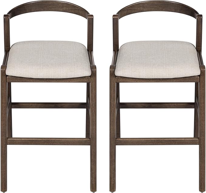 Set of 2 Bar Stools, Solid Rubber Wood Frame with Beige Polyester Cushion, Ergonomic Backrest & Smooth Lines, Modern Kitchen Island Chairs for Dining Room (Dark Brown)