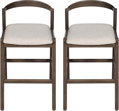 Set of 2 Bar Stools, Solid Rubber Wood Frame with Beige Polyester Cushion, Ergonomic Backrest & Smooth Lines, Modern Kitchen Island Chairs for Dining Room (Dark Brown)