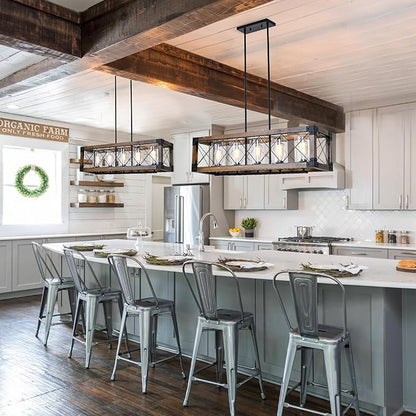 Farmhouse Kitchen Island Lighting, 5-Light Dining Room Light Fixture Over Table, Rustic Wooden Rectangle Chandelier, Pool Table Pendant Light Fixtures with Clean Glass Shade