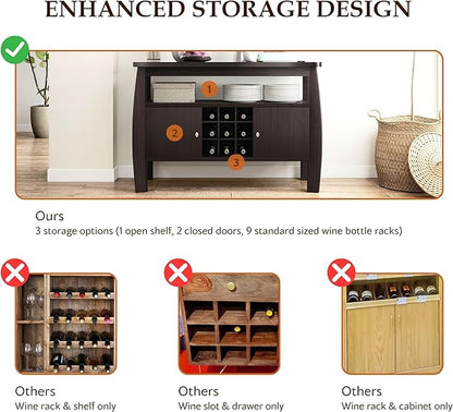 Furniture of America Clyton Modern Kitchen Buffet Storage Cabinet with Doors and Shelves, Wood Sideboard Table, Coffee Bars & 9 Grid Wine Rack, for Dining, Living Room, Dark Espresso