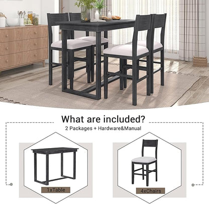 VilroCaz Farmhouse Counter Height Dining Table Set for 4, Wooden 5-Piece Kitchen Dining Room Pub Bar Table Set, 47'' Rectangular Dining Table and 4 Upholstered Stools for Small Places (Gray-H)
