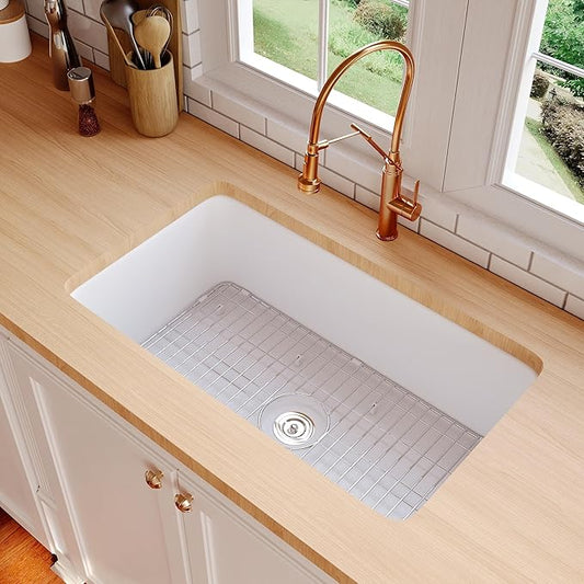 DeerValley Undermount Kitchen Sink 32 inch, White Fireclay Farmhouse Sinks, Single Bowl Deep Drop-in Kitchen Sink with Bottom Grid & Strainer, Heavy Duty Solid Fireclay