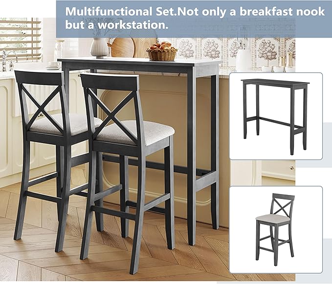 LUMISOL 3 Piece Pub Bar Table and Chair Set, Small Wood Counter Height Table Set, 3 Piece High Top Kitchen Table Set for Breakfast Nook, Gray