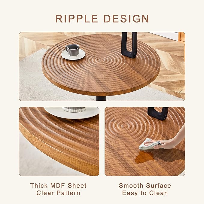 Round Dining Table Set for 4 People, 31.5 Inch Dark Wood Grain Table with Suction Molding Annular Texture and 4 Black PU Chairs with Vertical Stripe Design, for Kitchen and Dining Room