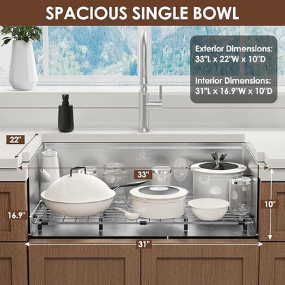 32x19 Inch Undermount Kitchen Sink Luxury Nano-coating Single Bowl Black Kitchen Sinks 16 Gauge Stainless Steel Soundproof Kitchen Workstation with 6 Accessories (Brushed Nickel)