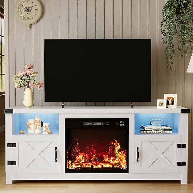YESHOMY LED Fireplace TV Stand with Mood Lighting, TV Cabinet with Open Shelf, Farmhouse Media Console with Hidden Cable Routing, Entertainment Center for Televisions up to 65+ Inch, White