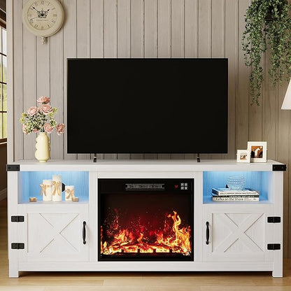 YESHOMY LED Fireplace TV Stand with Mood Lighting, TV Cabinet with Open Shelf, Farmhouse Media Console with Hidden Cable Routing, Entertainment Center for Televisions up to 65+ Inch, White