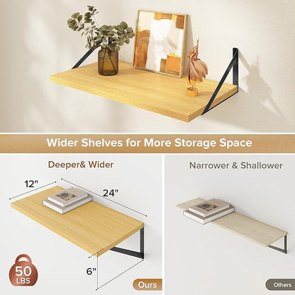 Acovy Deep Floating Shelves Wall Mounted, 24"x12" Oak Wall Shelves with Brackets Set of 2 for Bedroom, Living Room, Bathroom, Kitchen, Office - Storage & Display Shelf for Decor, Books, Plants