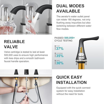 KENES Black Bathroom Faucets for Sink 3 Hole, Matte Black 8 Inch 2 Handle Widespread Bathroom Faucet, Bathroom Vanity Faucet with Pop Up Drain & Supply Lines, LJ-9075-2