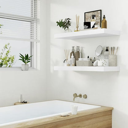 Heimlove 12" Deep White Floating Shelves,Over Toilet Long Wall Mounted Modern Farmhouse 36 inches,Wall Shelves with Invisible Brackets for Bedroom, Bathroom, Living Room, Kitchen, Set of 1