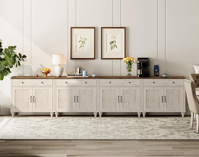 WAMPAT Large Buffet Cabinet with 8 Doors and 4 Drawers, Mid-Century Modern Coffee Bar Table Wood Kitchen Storage Cabinets, Farmhouse Sideboard Credenza for Dining Room, Rustic White, 134 inch