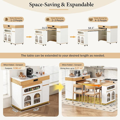 Extendable Dining Table with Extra-Long Folding Top, Rolling Kitchen Island with Drawers, Power Outlet and Locking Wheels for Kitchen, Dining Room, Natural + Creamy White
