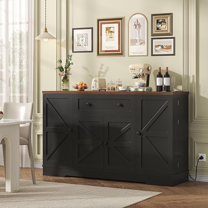 Buffet Cabinet with Storage, Modern Kitchen Buffet Sideboard with Drawer, Wood Coffee Bar Station with Charging Station, Wine Rack and Hooks, Wood Sideboard Buffet for Kitchen, Dining Room, Black