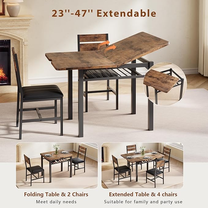 MapleGrace Dining Table Set for 4, Extendable Kitchen Table with 4 PU Leather Upholstered Dining Room Chairs, Wood Kitchen Table Set with Built-in Storage Rack for Dining & Small Spaces, Rustic Brown